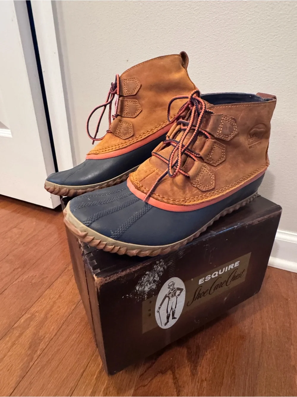Waterproof Sorel Brown and Navy Lace-Up Rain Duck Boots with Orange Trim